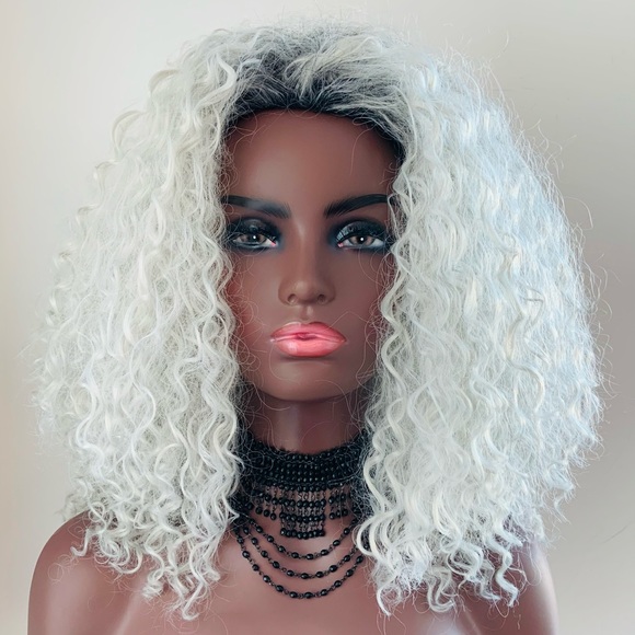 “Put On & Go” Ombre White Grey Premium Fiber Curly Wig for Daily Wear or Events - Picture 5 of 7